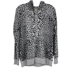 CHASER Leopard Hoodie Sweater Grey Full Zip Knit Jacket Pockets Womens L
